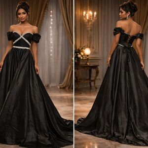Faeriesty Black Satin Formal Gown M Off Shoulder Rhinestone Corset Prom Maxi Dre
